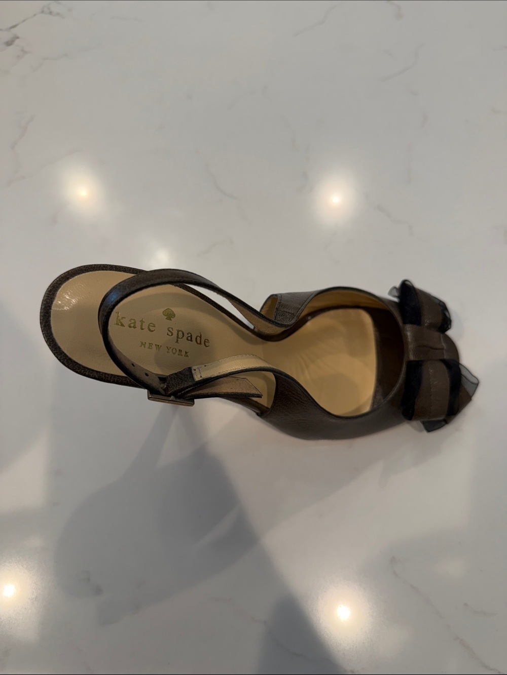 kate spade Dark Gray Leather Peep-Toe Bow Slingback Heels